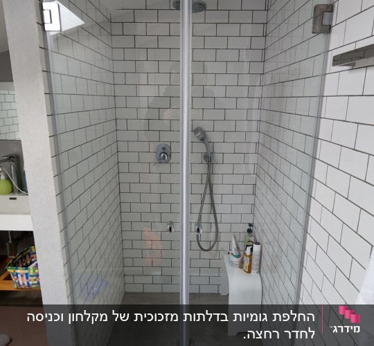 מקלחון עם דלתות זכוכית, ראש מקלחת ומוצרי טיפוח